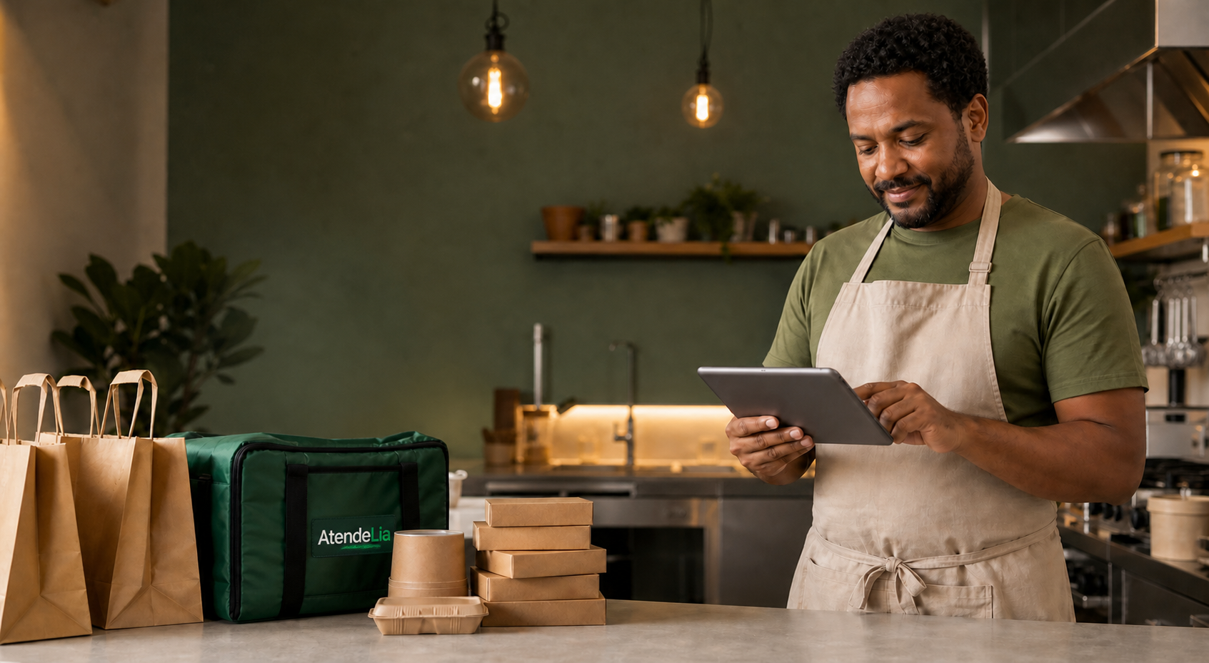 Dono de delivery acompanhando pedidos organizados pela AtendeLia